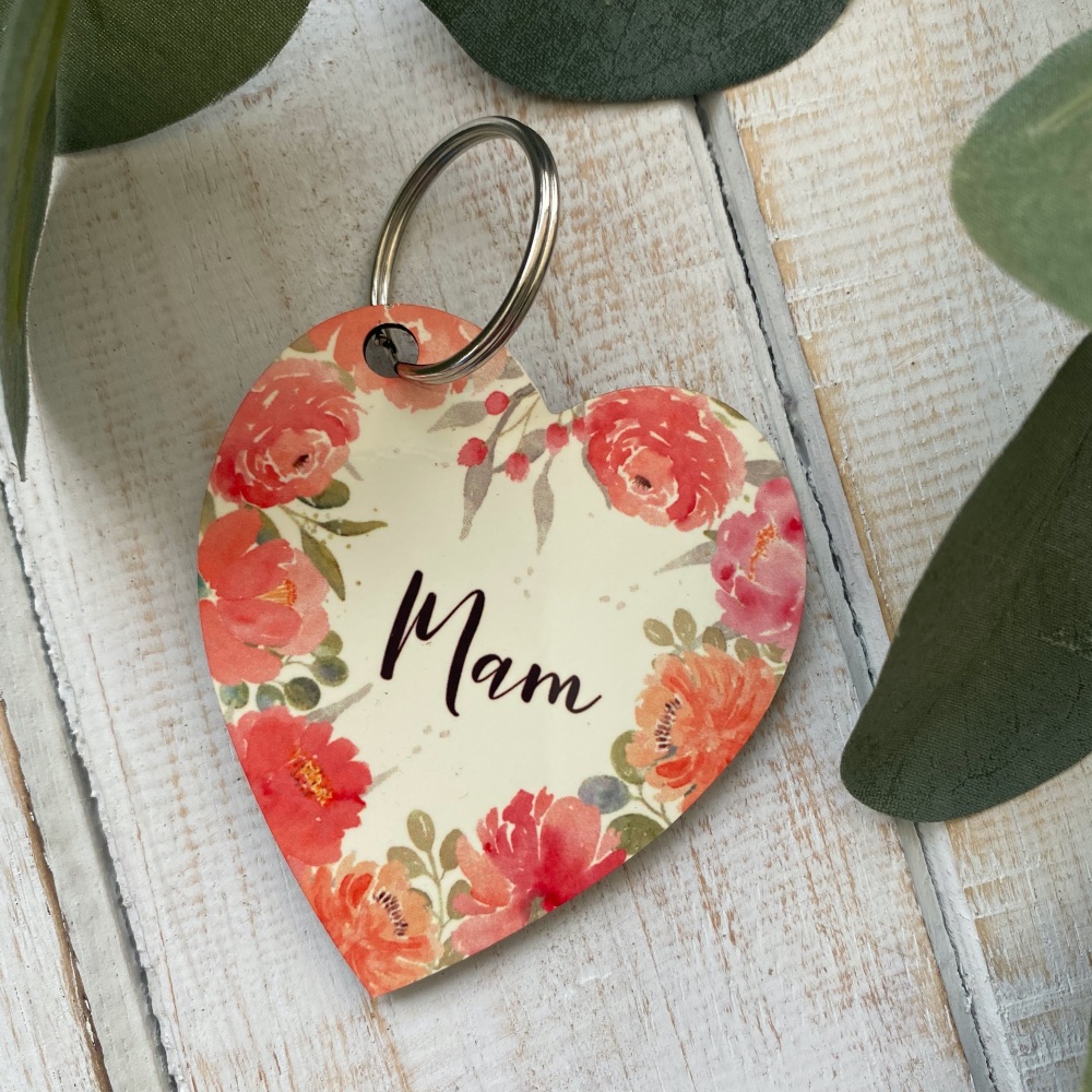 Cylch Goriad Mam Calon Blodeuog | Welsh Mum Floral Heart Keyring
