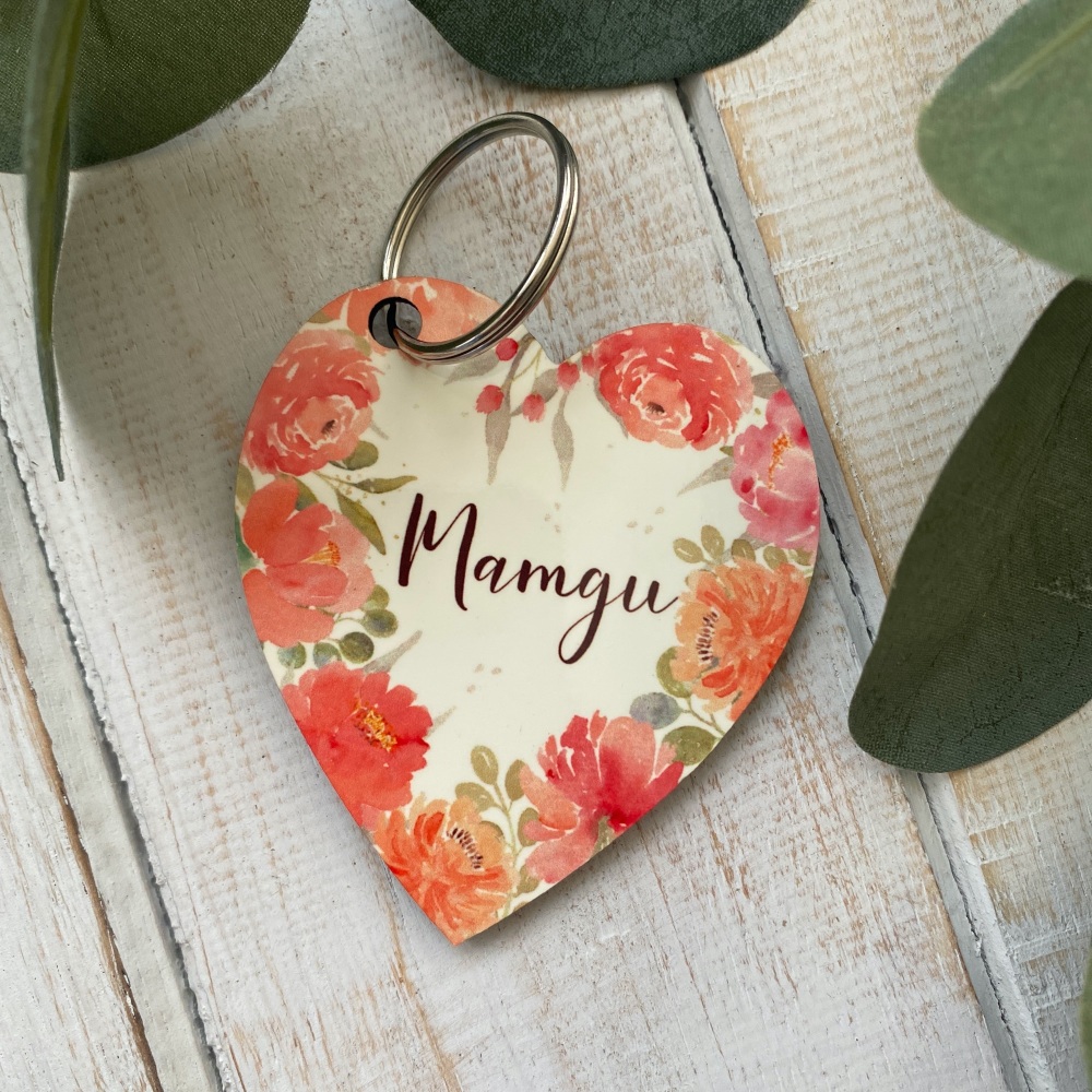 Cylch Goriad Mamgu Calon Blodeuog | Welsh Mamgu Floral Heart Keyring