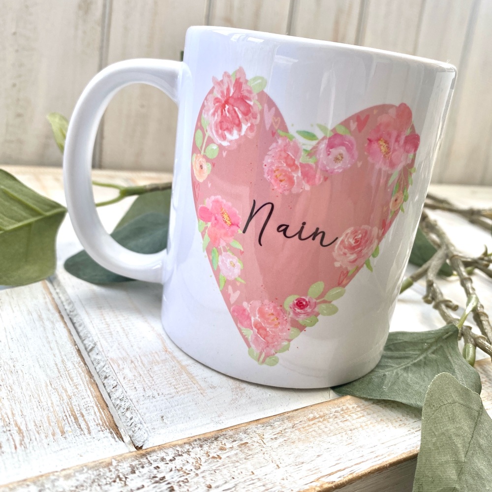 Mwg Nain Calon Blodeuog | Welsh Nain Floral Heart Mug