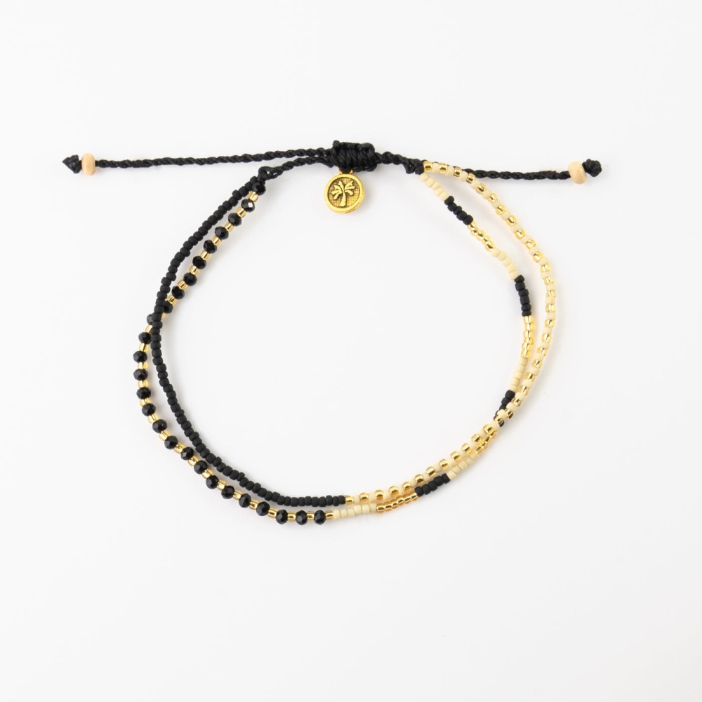 Black, Cream & Gold Elasticated Beaded Bracelet