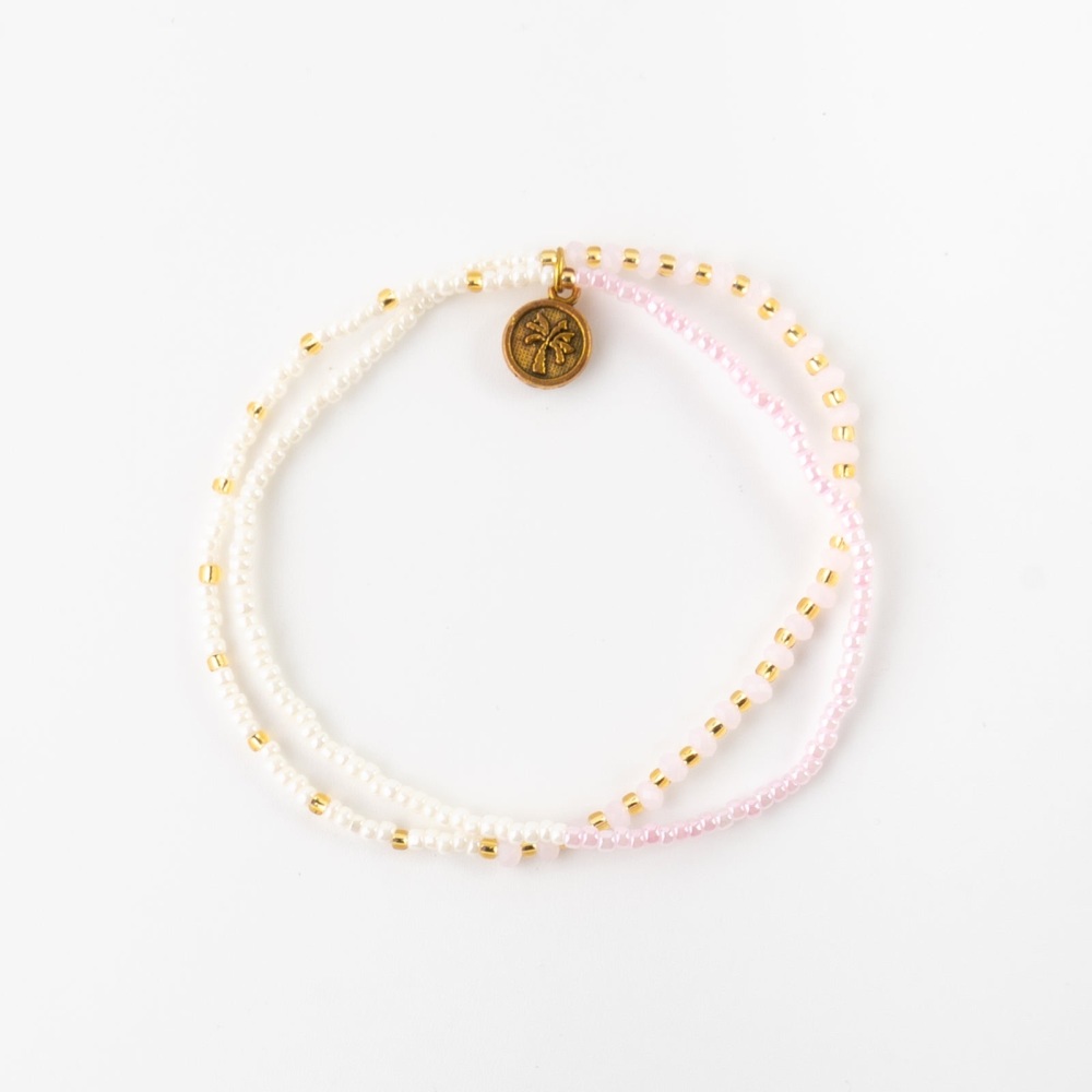 Pale Pinks, Cream & Gold Elasticated Beaded Bracelet
