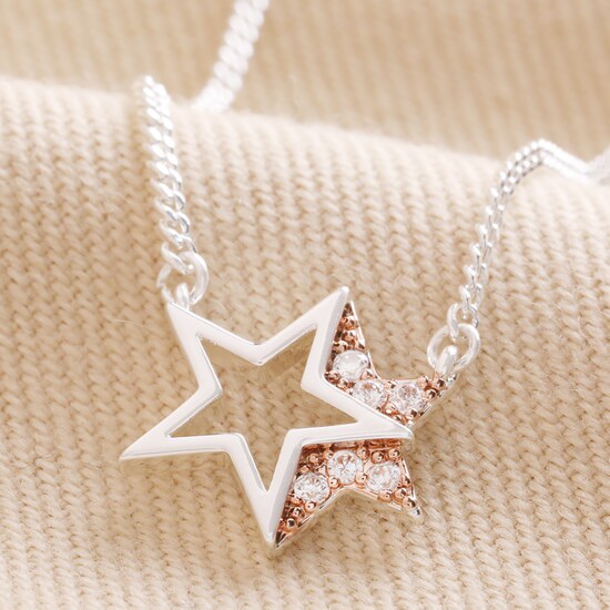 Silver & Rose Gold Crystal Interlocking Star Necklace