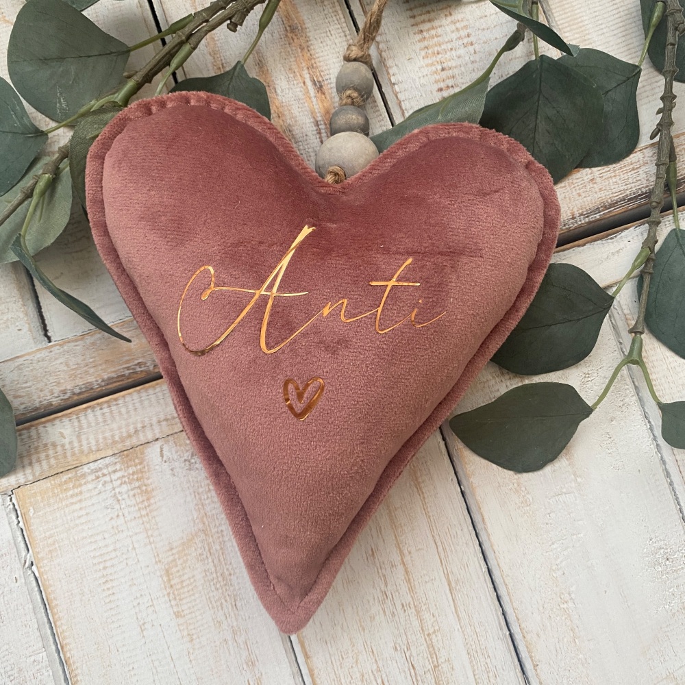 Addurn Anti Calon Pinc a Rose Gold | Welsh Auntie Pink & Rose Gold Plush Heart Decoration