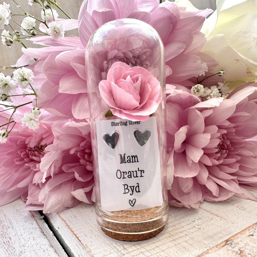 Clustlysau Mam Orau'r Byd | Welsh Worlds Best Mum Flower Dome Earrings - Va