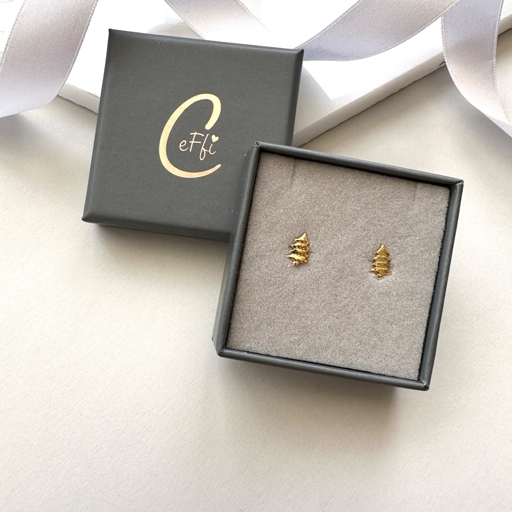 Gold Christmas Tree Earrings - Sterling Silver