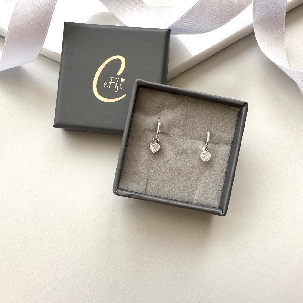 Sparkly Heart Huggie Hoop Earrings Sterling Silver  - CeFfi Jewellery