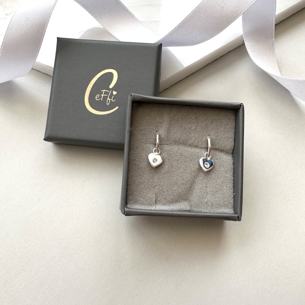 Sparkly Heart Huggie Hoop Earrings Sterling Silver  - CeFfi Jewellery