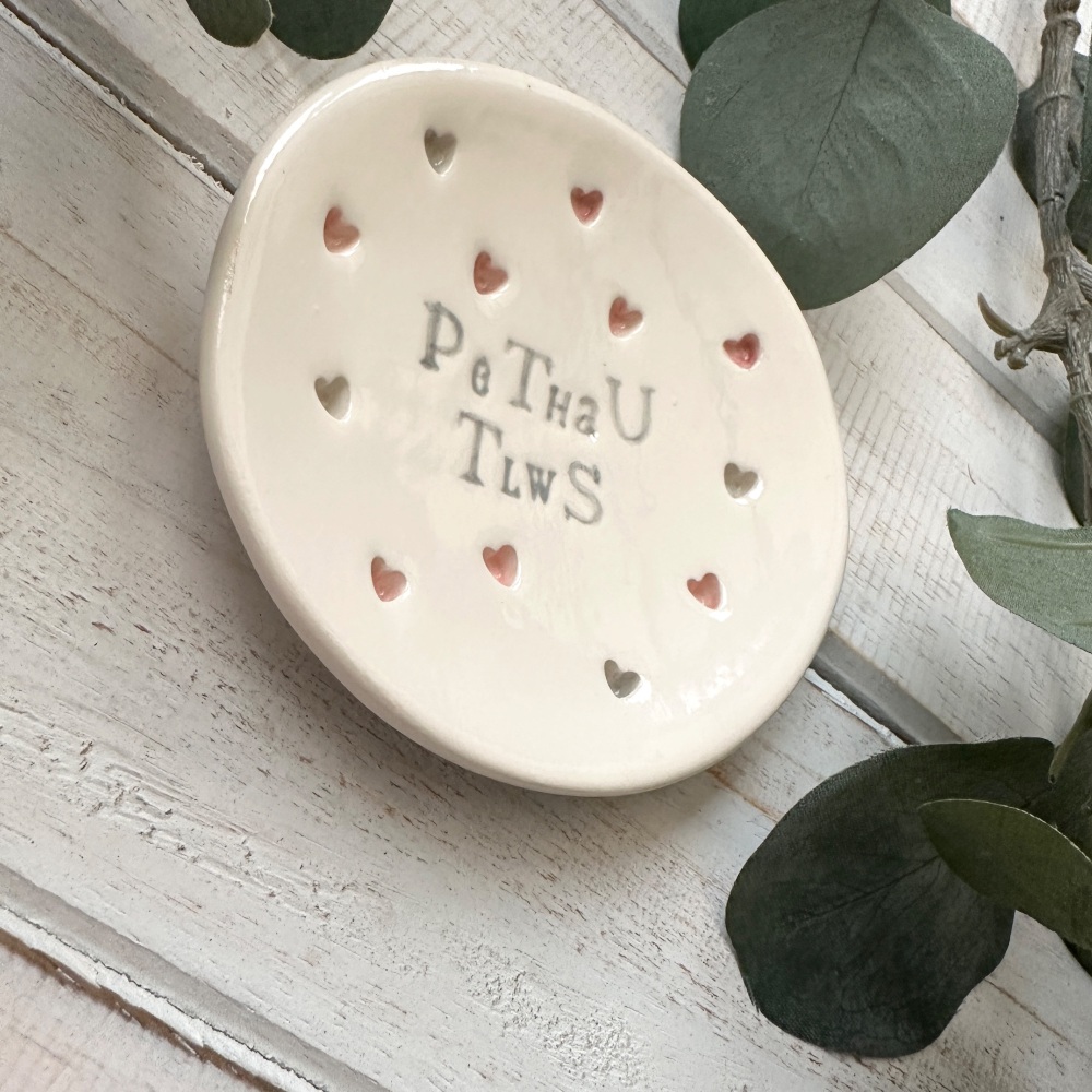Dysgl Pethau Tlws Cerameg | Pretty Things Welsh  Ceramic Jewellery Dish - Pink & Grey