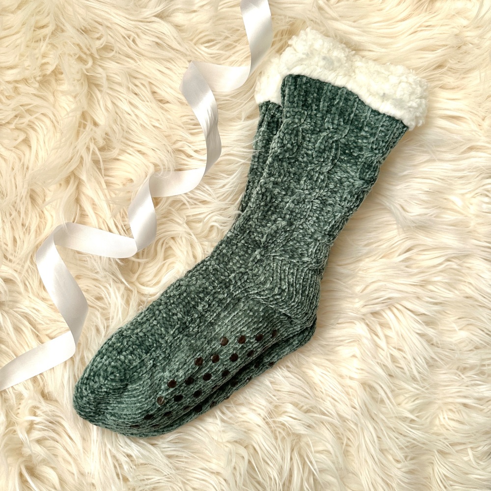 Luxury Chenille Slipper Socks in Forest Green