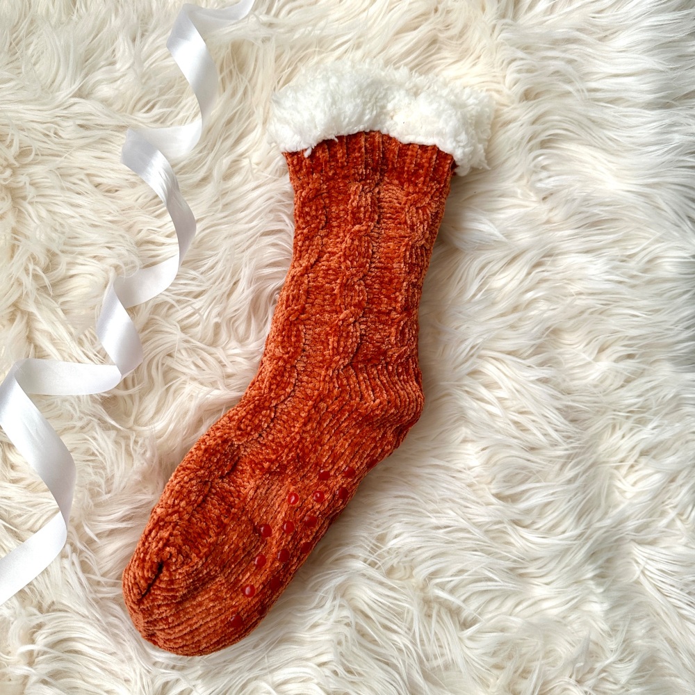 Luxury Chenille Slipper Socks in Burnt Orange