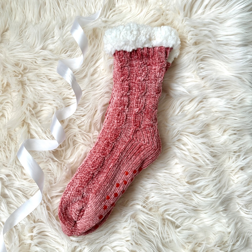 Luxury Chenille Slipper Socks in Salmon Pink
