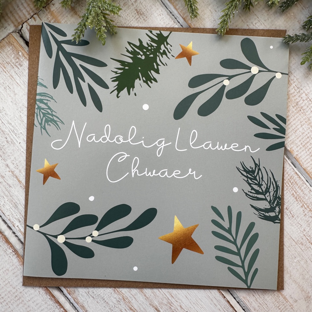 Cerdyn Nadolig Llawen Chwaer | Welsh Merry Christmas Sister Starry Sprig Card