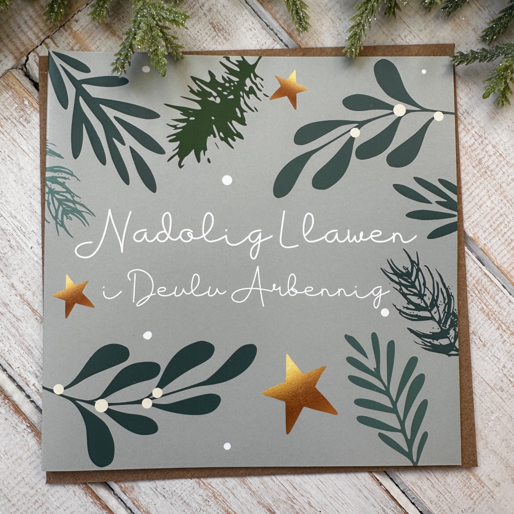 Cerdyn Nadolig Llawen i Deulu Arbennig | Welsh Merry Christmas to an Amazing Family Starry Sprig Card