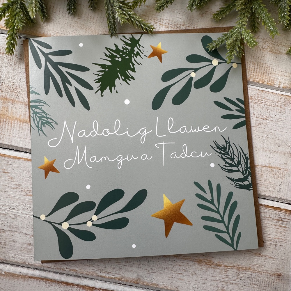 Cerdyn Nadolig Llawen Mamgu a Tadcu | Welsh Merry Christmas Grandma and Grandad Starry Sprig Card