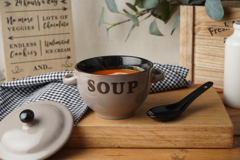 Grey Ceramic Soup Bowl with Lid and Spoon