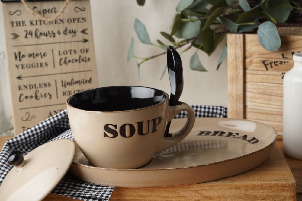 Cream Ceramic Soup Bowl with Bread Plate