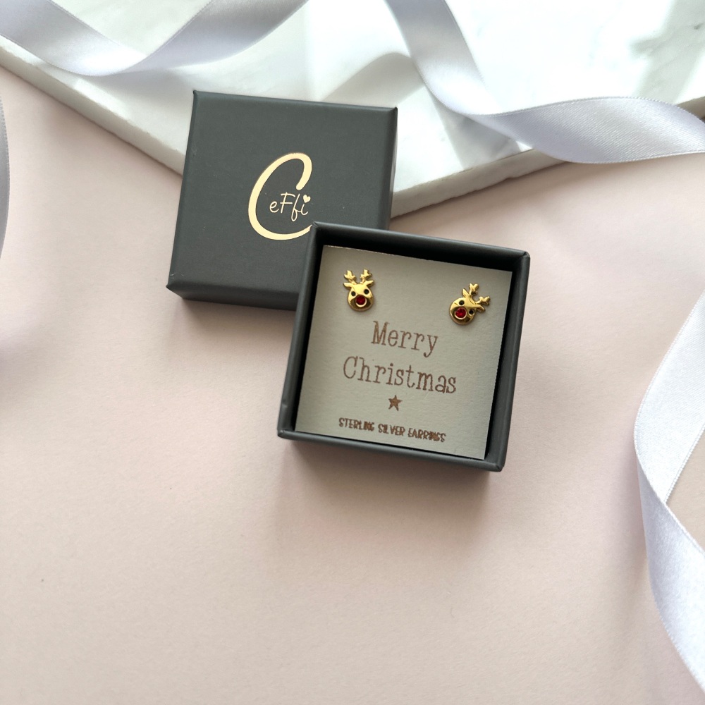 Gold Rudolph Merry Christmas Earrings | Sterling Silver | CeFfi Jewellery