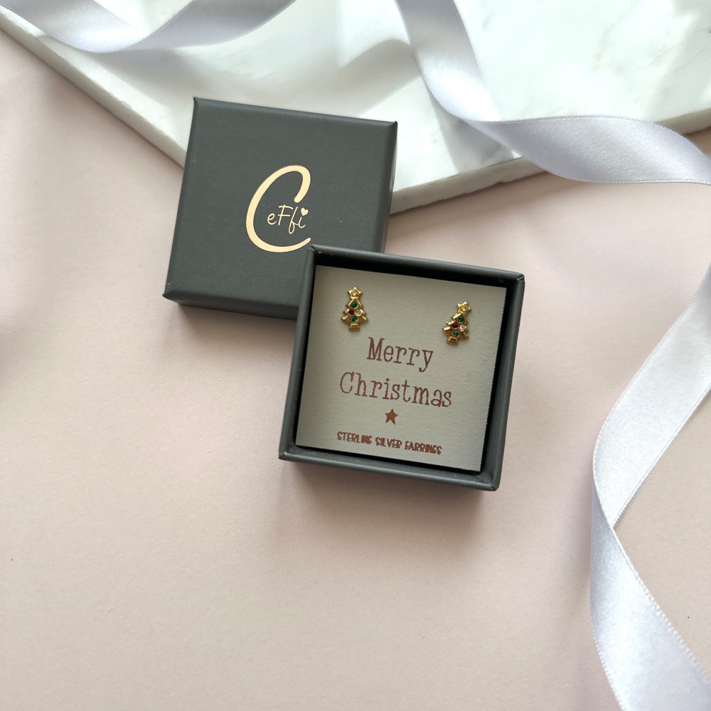 Gold Tree Merry Christmas Earrings | Sterling Silver | CeFfi Jewellery