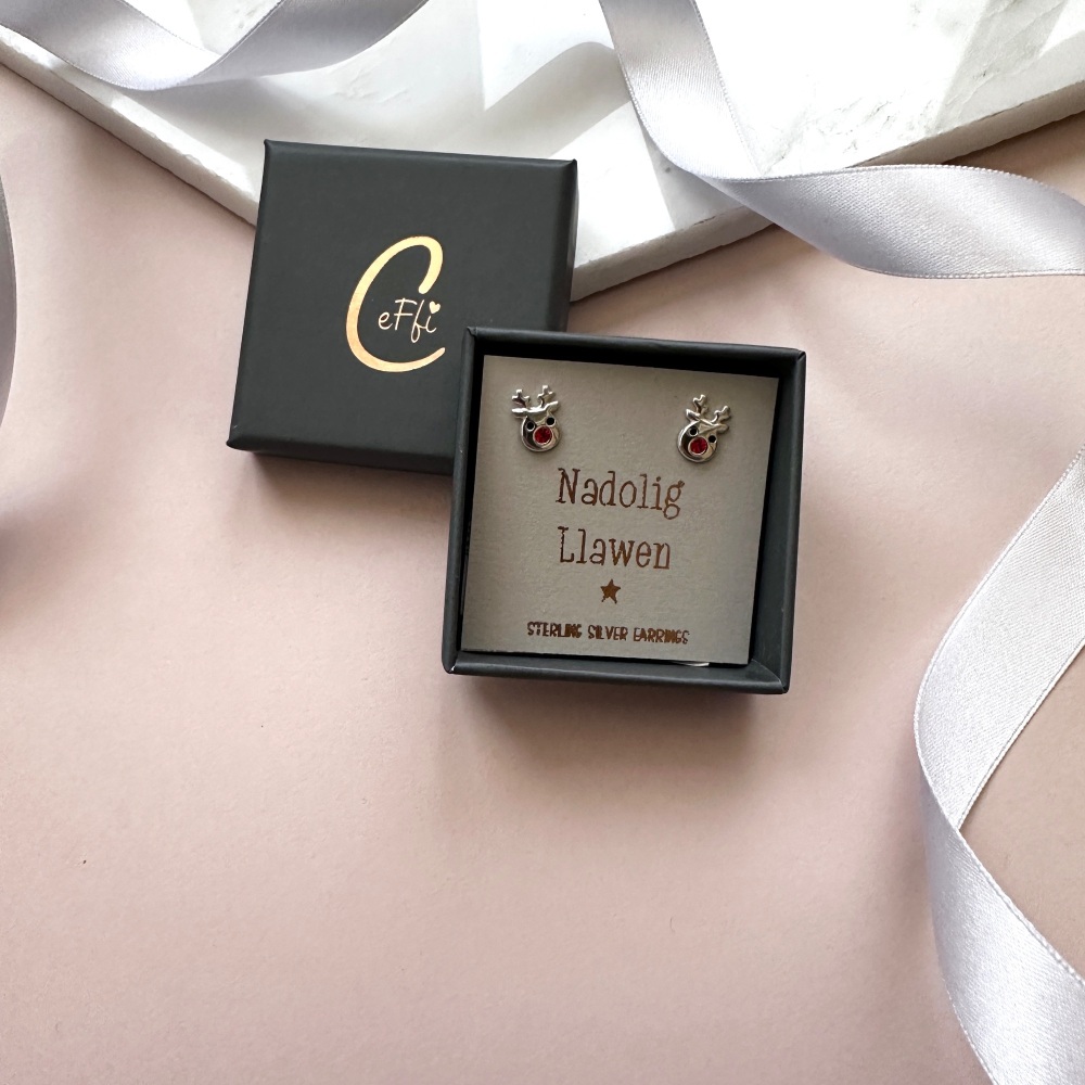 Clustlysau Carw Nadolig Llawen | Welsh Reindeer Merry Christmas Earrings | Sterling Silver | CeFfi Jewellery