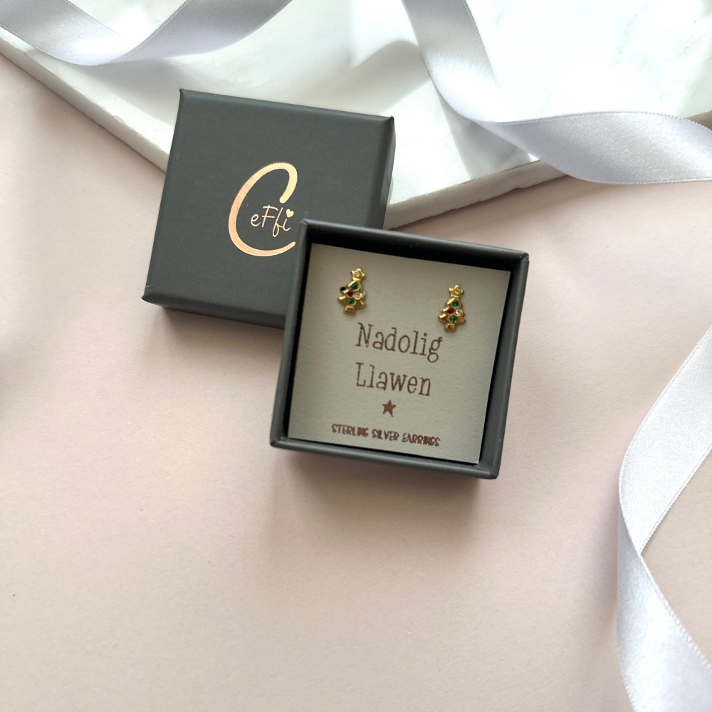 Clustlysau Coeden Aur Nadolig Llawen | Welsh Gold Tree Merry Christmas Earrings | Sterling Silver | CeFfi Jewellery