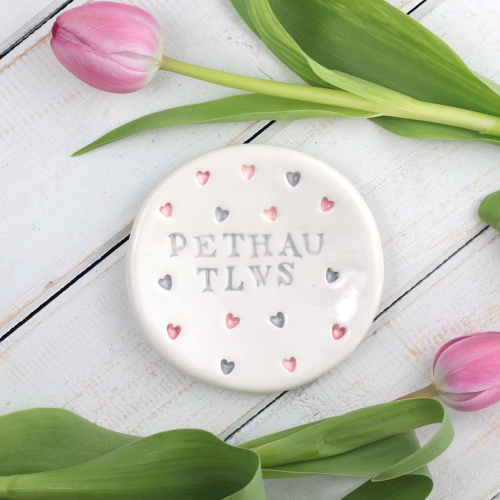 Dysgl Pethau Tlws Cerameg | Pretty Things Welsh  Ceramic Jewellery Dish - Pink & Grey