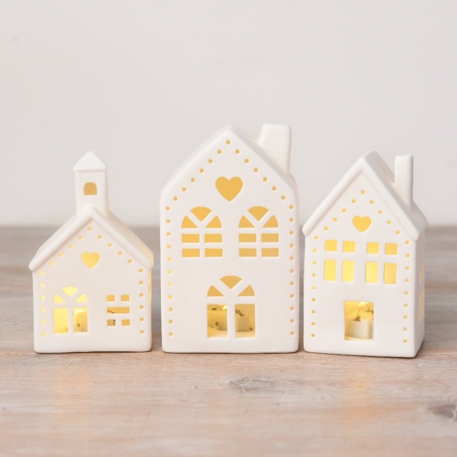 White Ceramic Heart LED House Church