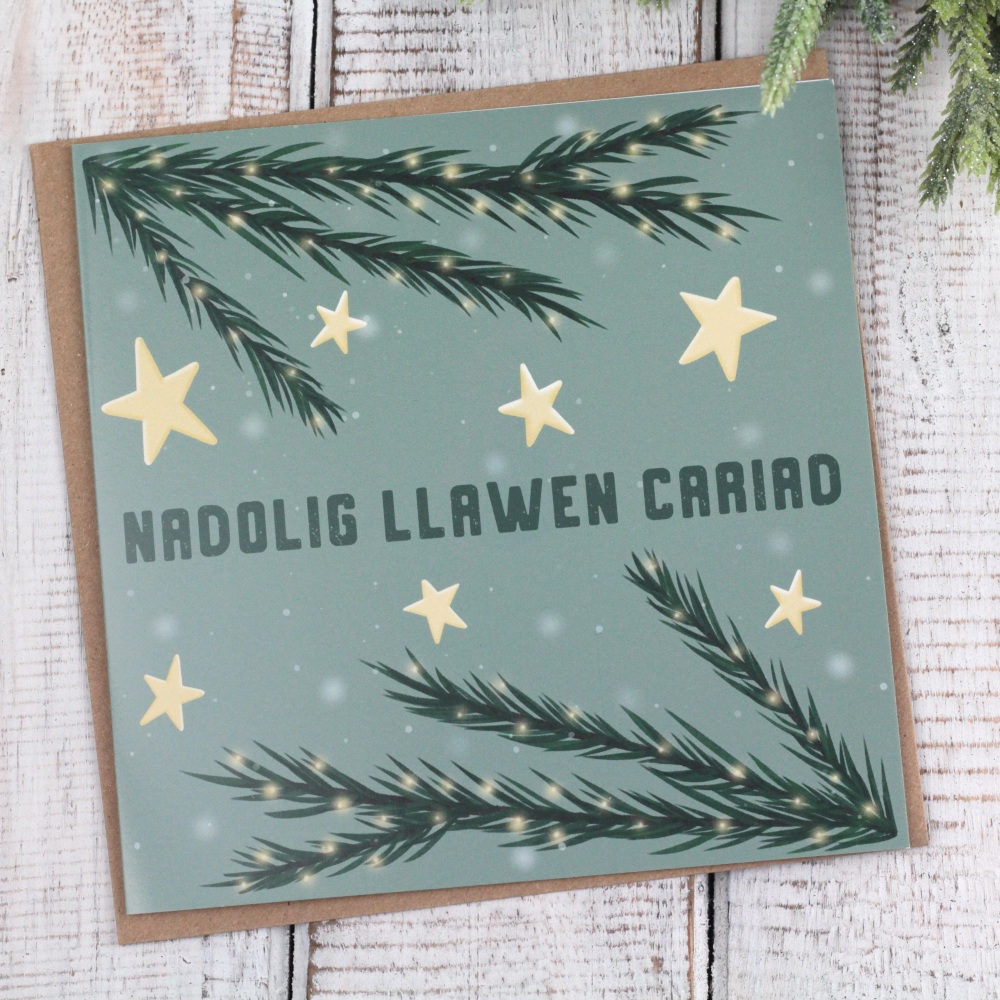 Cerdyn Nadolig Llawen Cariad | Welsh Merry Christmas Boyfriend Sprigs Card