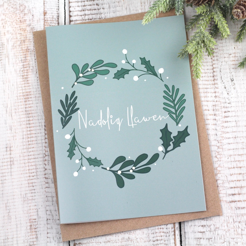 Cerdyn Nadolig Llawen Fach | Welsh Merry Christmas Small Card Bold Sprig Wreath