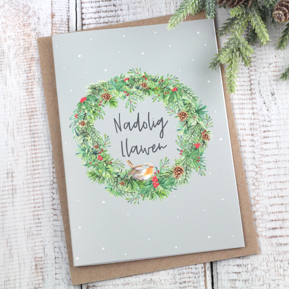 Cerdyn Nadolig Llawen Fach | Welsh Merry Christmas Small Card Robin Wreath