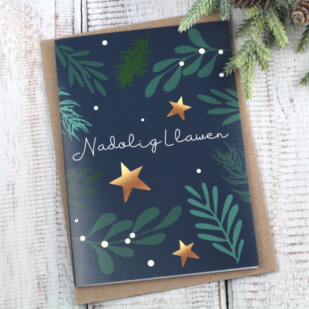 Cerdyn Nadolig Llawen Fach | Welsh Merry Christmas Small Card Bold Sprig Blue