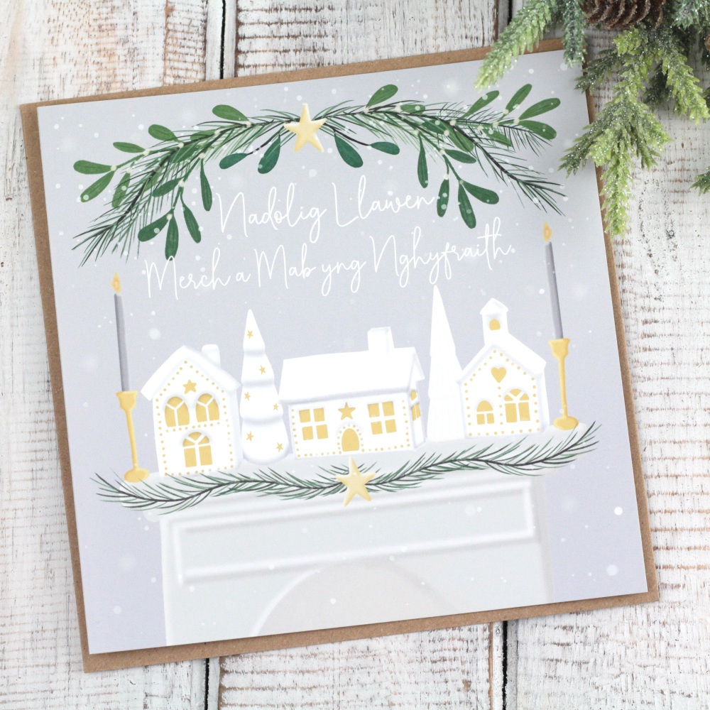 Cerdyn Nadolig Llawen Merch a Mab yng Nghyfraith | Welsh Merry Christmas Daughter and Son-in-Law Ceramic Houses Card