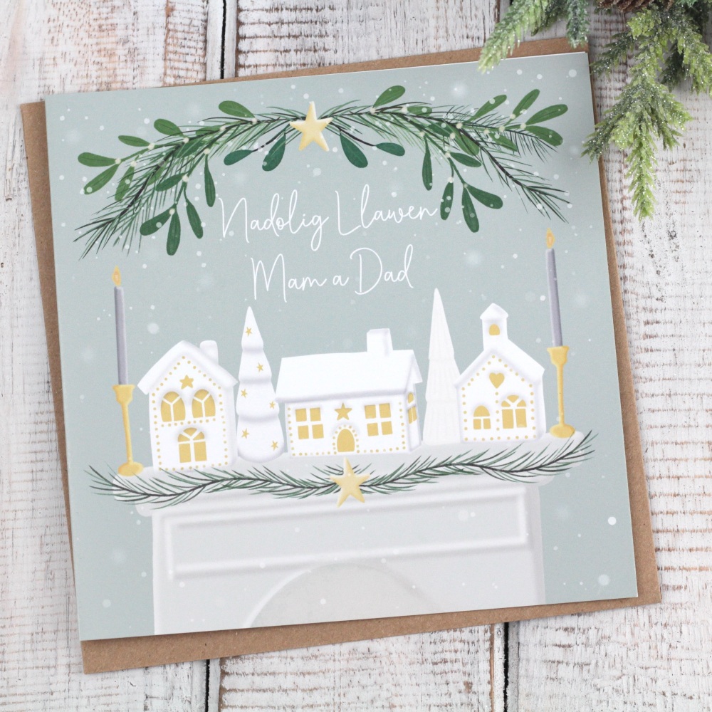 Cerdyn Nadolig Llawen Mam a Dad | Welsh Merry Christmas Mum and Dad Ceramic Houses Card