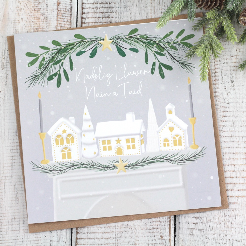 Cerdyn Nadolig Llawen Nain a Taid | Welsh Merry Christmas Grandma and Grandad Ceramic Houses Card
