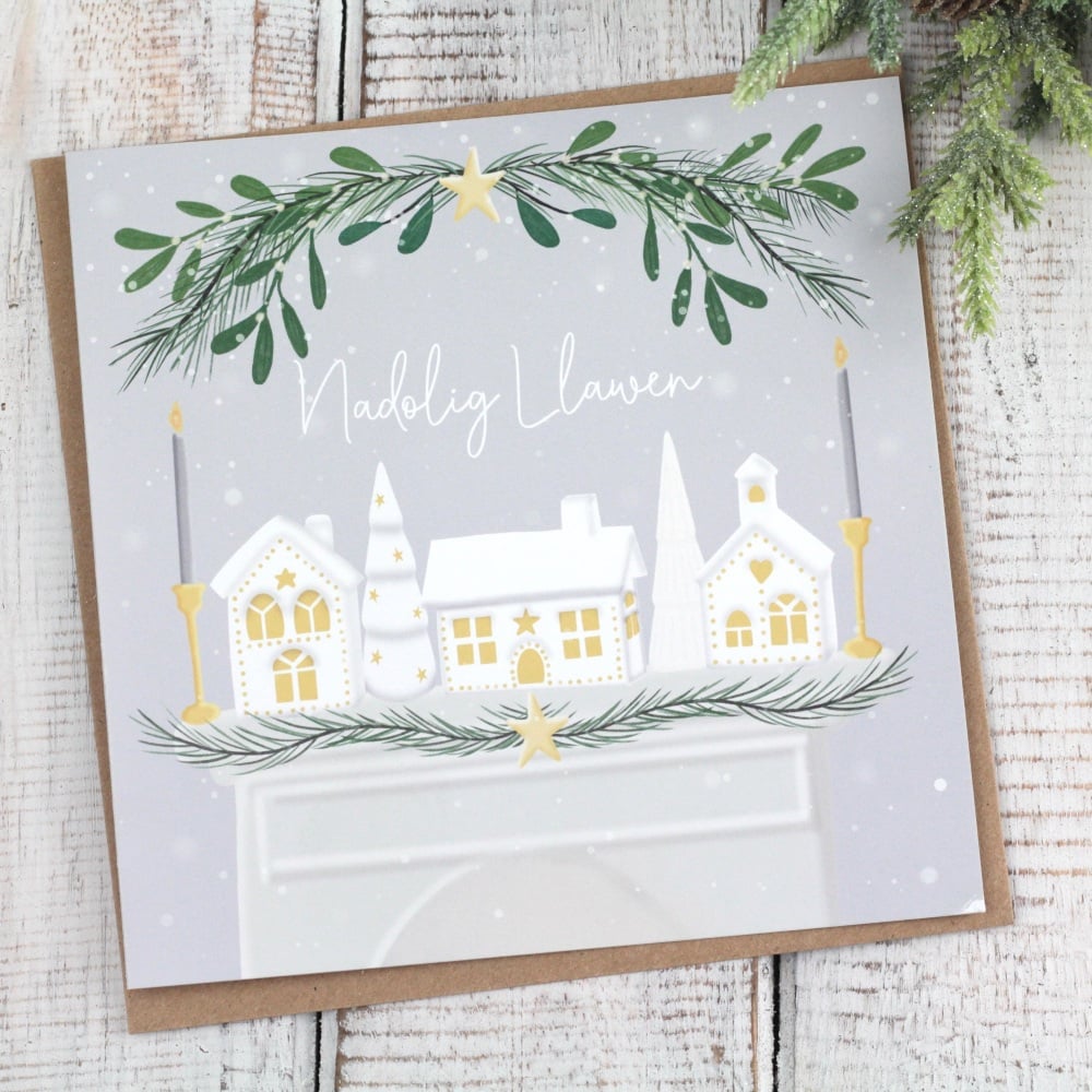 Cerdyn Nadolig Llawen | Welsh Merry Christmas Ceramic Houses Card