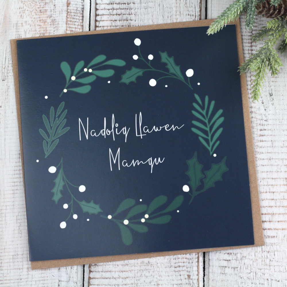 Cerdyn Nadolig Llawen Mamgu | Welsh Merry Christmas Grandma Bold Sprig Wreath Card