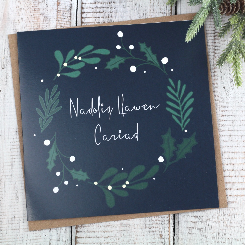 Cerdyn Nadolig Llawen Cariad | Welsh Merry Christmas my Love Bold Sprig Wreath Card