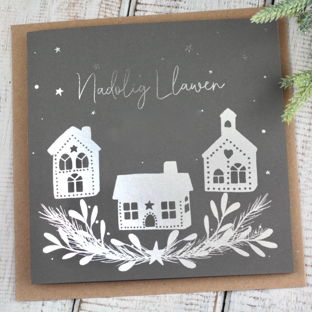 Cerdyn Nadolig Llawen wedi Personoli | Personalised Ceramic Houses Foiled Christmas Card | Card with Foil Ceramic Houses Personalised - Various Choice