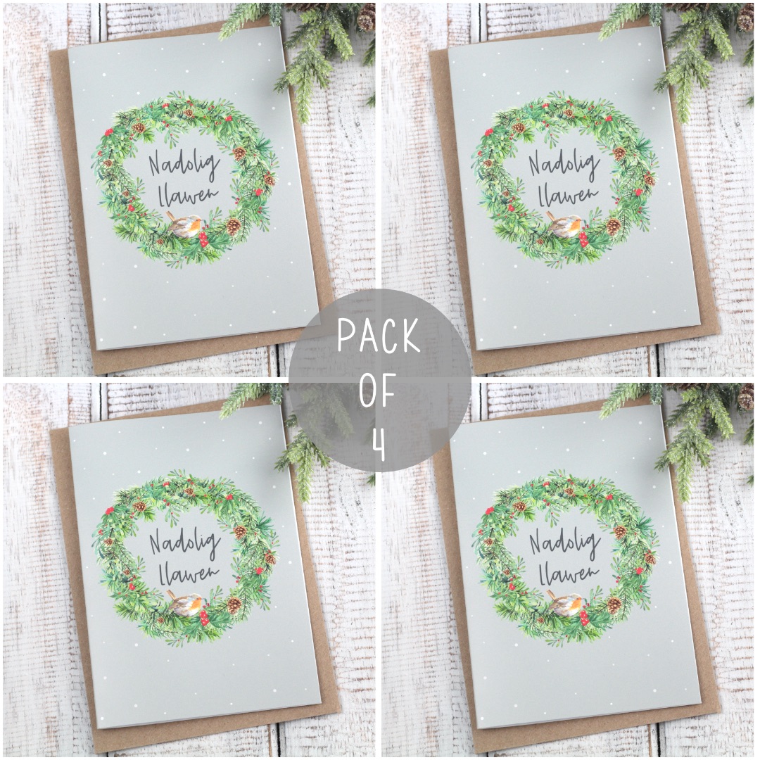Pecyn Cardiau Nadolig Llawen Torch Robin Goch | Welsh Merry Christmas Robin Wreath Card Pack