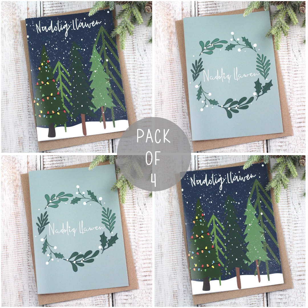 Pecyn Cardiau Nadolig Llawen Torch Modern a Coed | Welsh Merry Christmas Bold Sprig Wreath and Trees Card Pack
