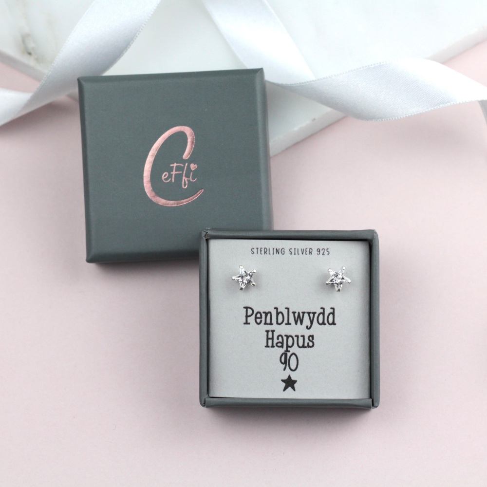 Clustlysau Penblwydd Hapus 90 Arian | Penblwydd Hapus 90 Sterling Silver 925 Boxed Earrings | CeFfi Jewellery - Various Choice