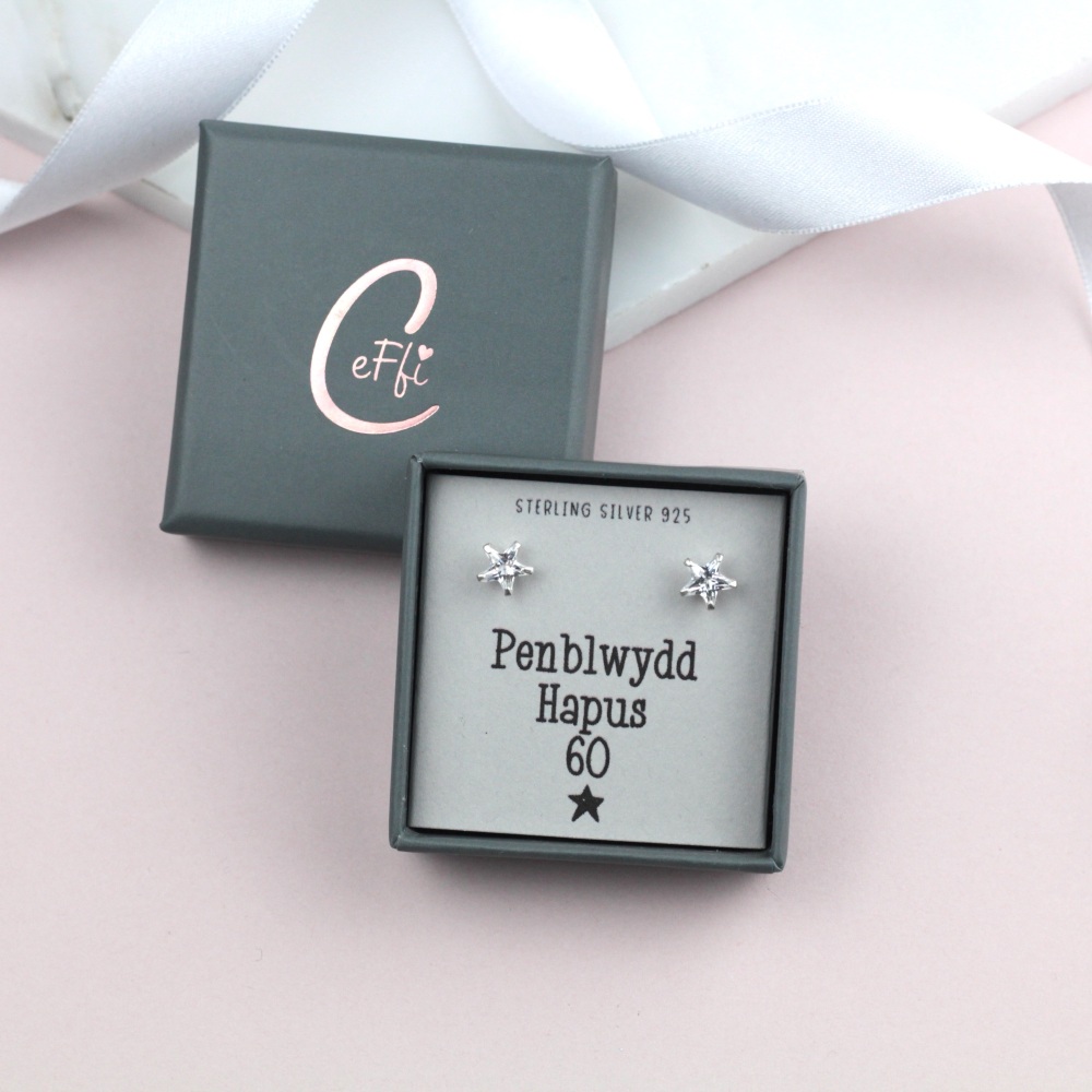 Clustlysau Penblwydd Hapus 60 Arian | Penblwydd Hapus 60 Sterling Silver 925 Boxed Earrings | CeFfi Jewellery - Various Choice