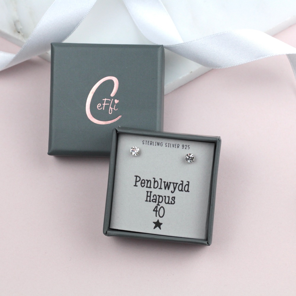 Clustlysau Penblwydd Hapus 40 Arian | Penblwydd Hapus 40 Sterling Silver 925 Boxed Earrings | CeFfi Jewellery - Various Choice