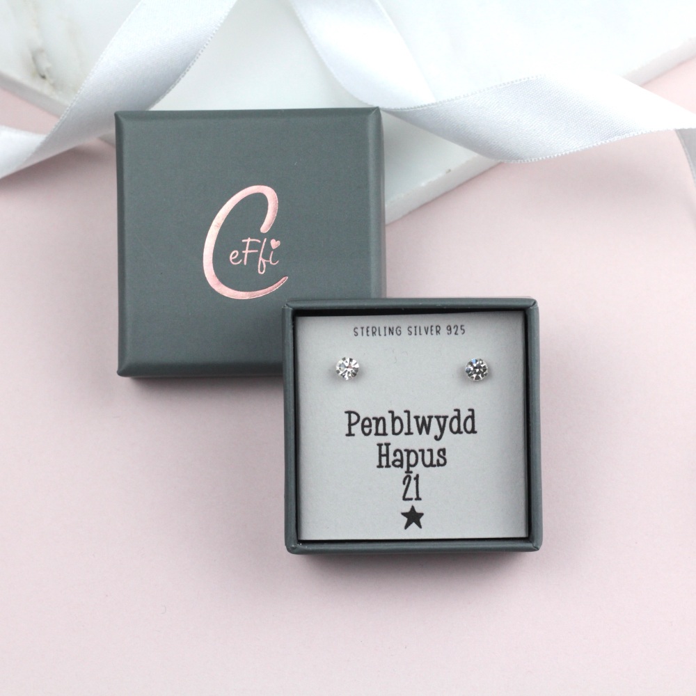 Clustlysau Penblwydd Hapus 21 Arian | Penblwydd Hapus 21 Sterling Silver 925 Boxed Earrings | CeFfi Jewellery - Various Choice
