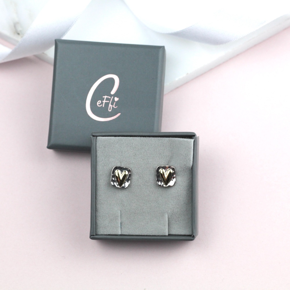 Silver and Gold Heart Hammered Rectangle Stud Sterling Silver 925 Earrings