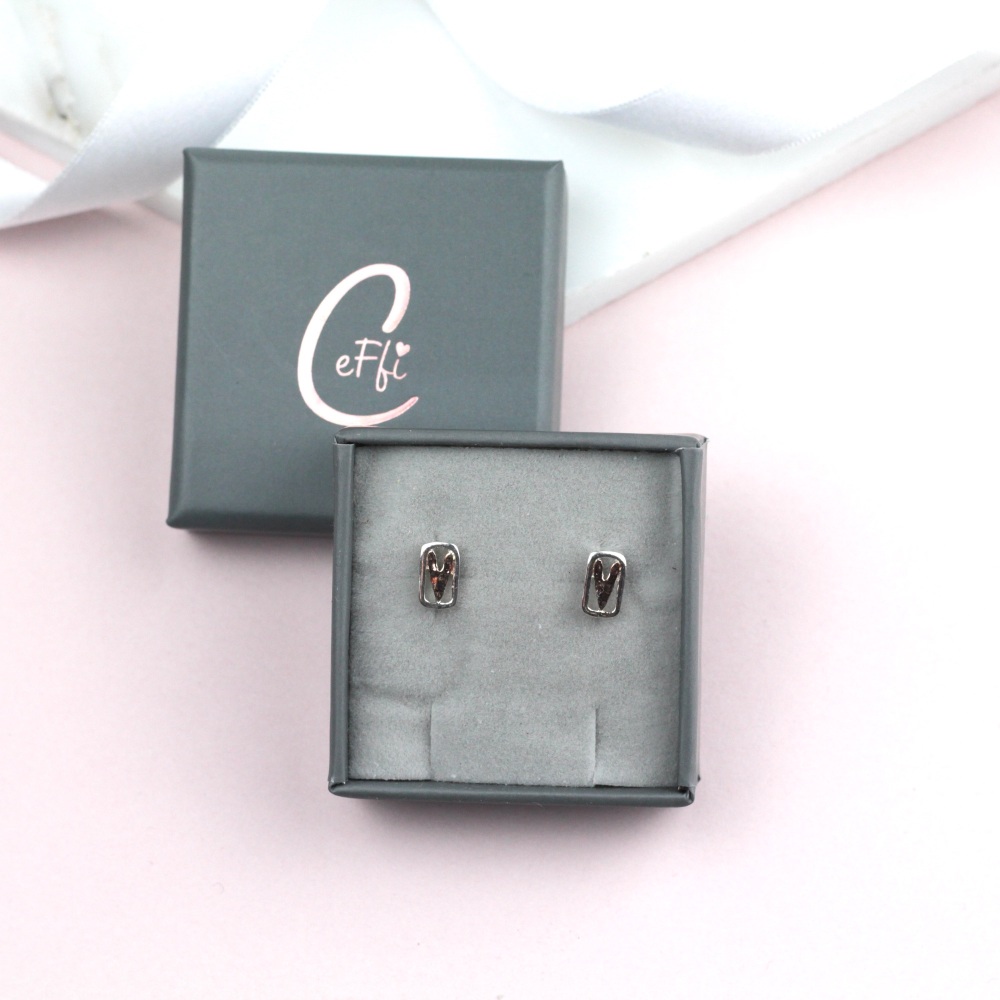 Silver and Rose Gold Heart Hammered Rectangle Stud Sterling Silver 925 Earrings