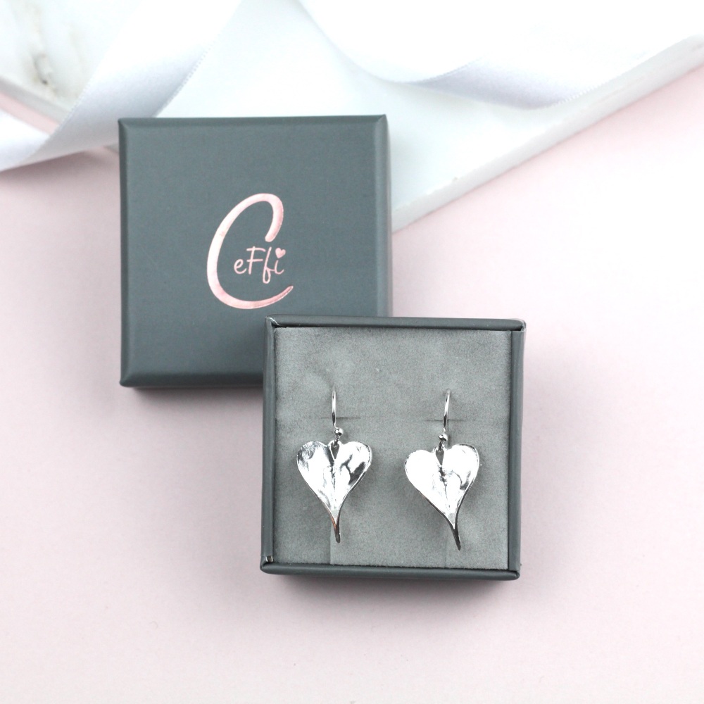 Dangly Leaf Heart Stud Sterling Silver 925 Earrings