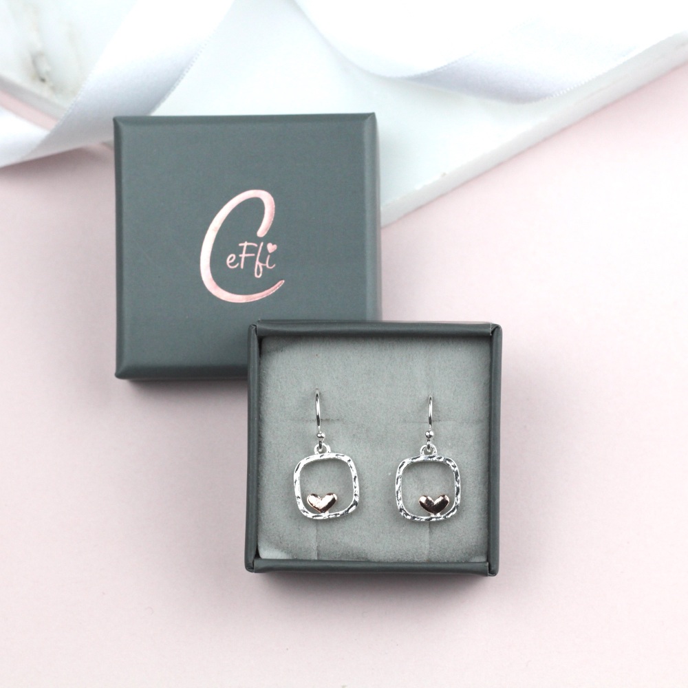 Dangly Rose Gold Heart in Square Sterling Silver 925 Earrings