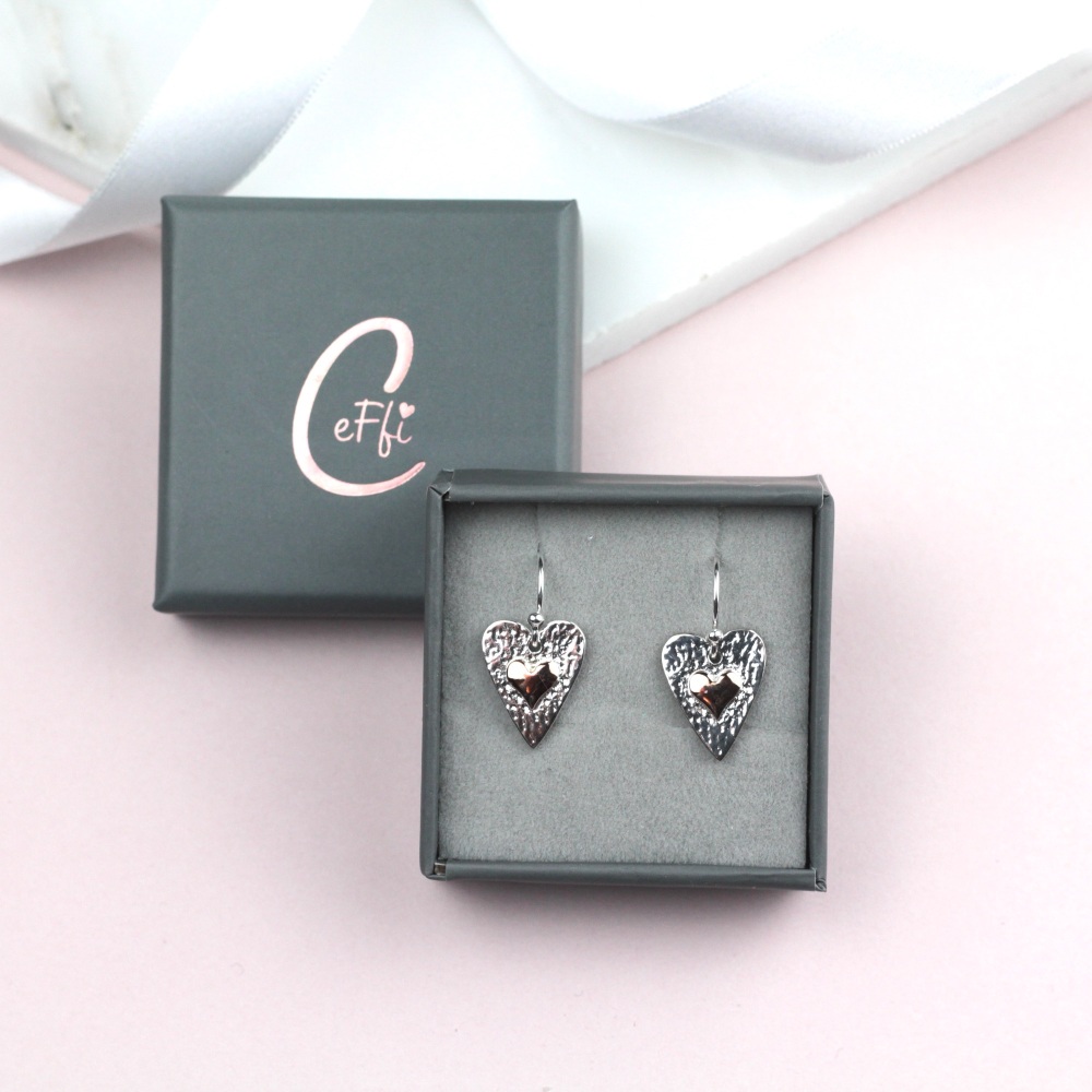 Silver & Rose Gold Hammered Heart Dangly Sterling Silver 925 Earrings