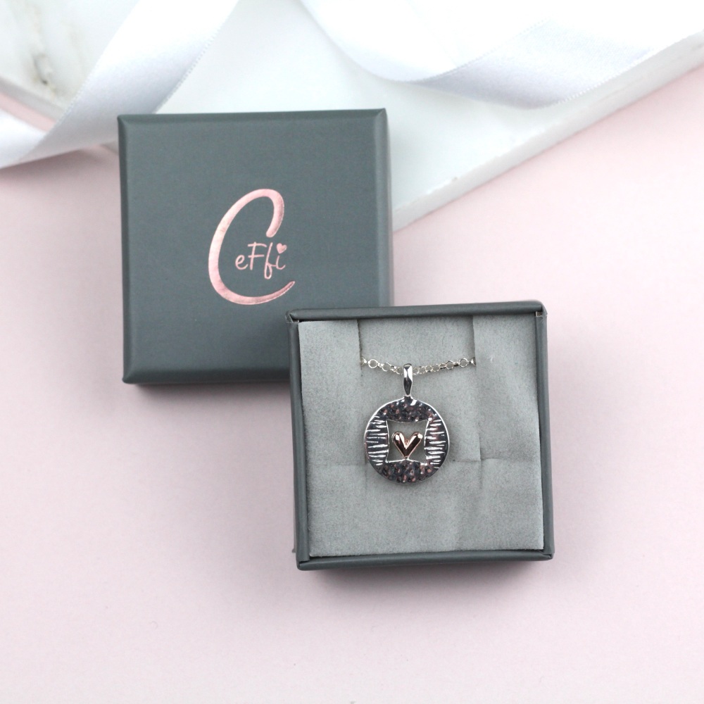 Silver & Rose Gold Heart in Circle Sterling Silver 925 Necklace