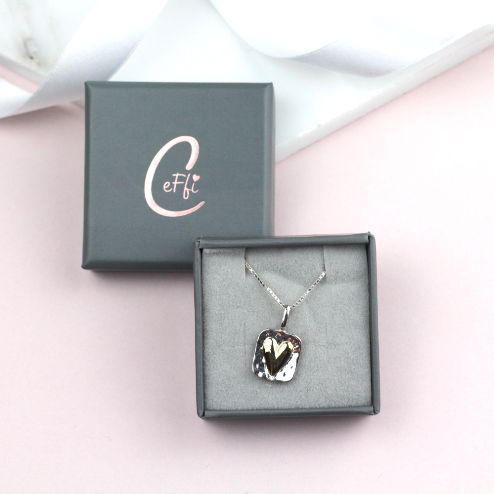 Gold Heart in Rectangle Sterling Silver 925 Necklace